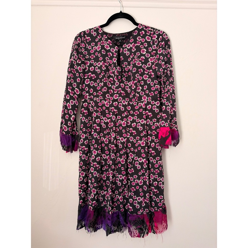 Adele Fado Italy Silk Floral Dress Pink Purple Frayed Trim Long Sleeve Size 40